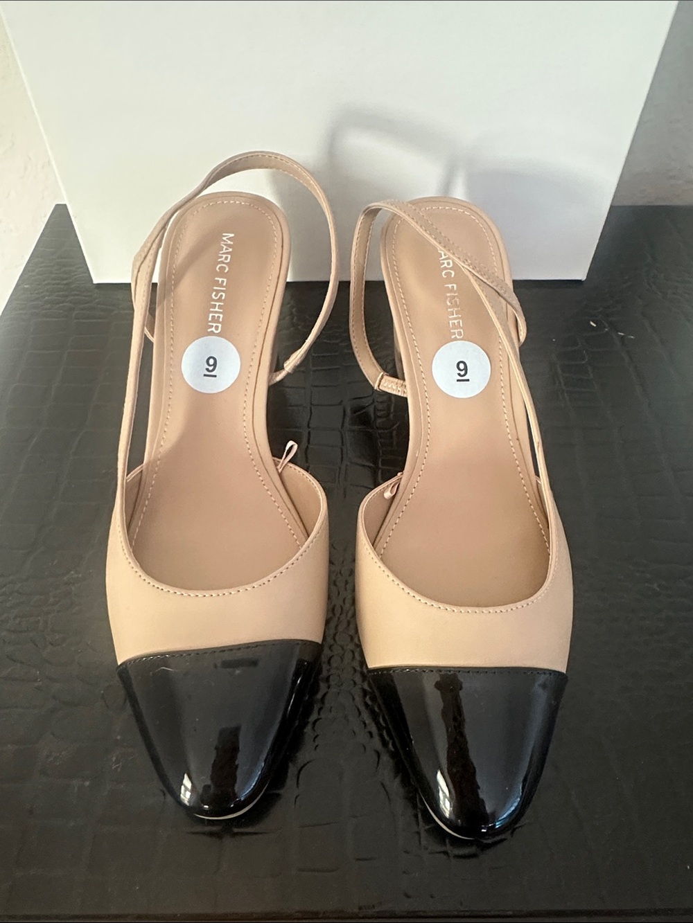 Marc Fisher Nude and Black Slingback Cap-Toe Pumps
